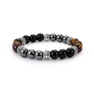 Brown Tiger's Eye, Black Obsidian & Hematite Natural Stone Beaded Bracelet NEW